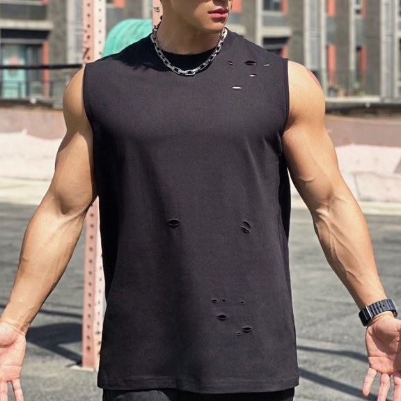 ALLLIST Tank Tops Men Summer Cotton Black Pullover Ripped Casual Plain Shirts for Men Size M-3XL