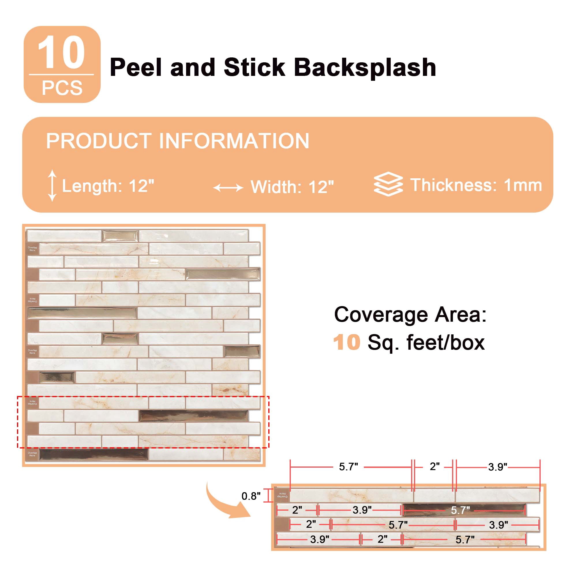 12×12in. Best Kitchen Peel and Stick Tile Backsplash Stone Beige (10 Sheets)