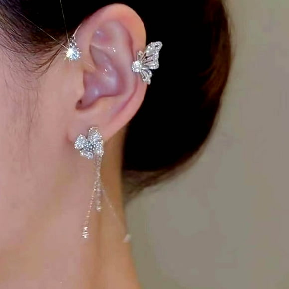 Rhinestone Butterfly Ear Cuffs Tassel Chain Dangle Earrings Non Piercing Flower Ear Cuffs Wrap Climber Crawler Earrings Boho Hollow Butterfly Earrings