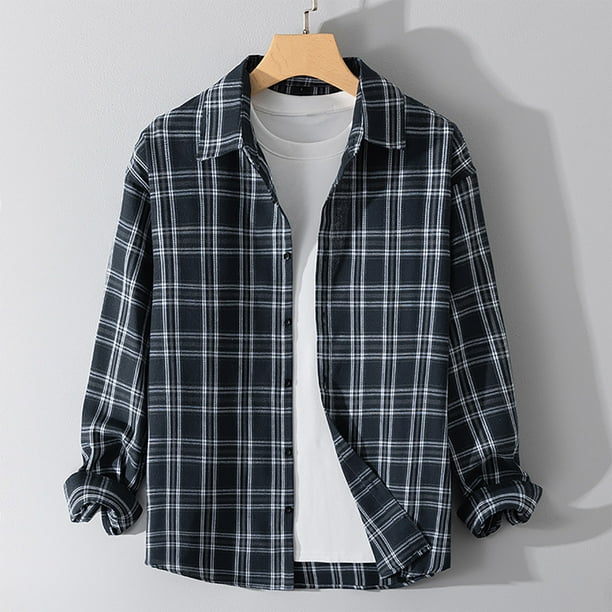 Blusa y camisa de manga larga con cuello vuelto, nueva camisa informal a cuadros para hombre, blusa holgada juvenil de manga larga con cuello vuelto, blusa de poliéster para hombre