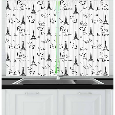 European Living Room - Paris Curtains 2 Panels Set, World Capital City of Love French European Hand Drawn Sketch Eiffel Illustration, Window Drapes for Living Room Bedroom, 55W X 39L Inches, Black White, by Ambesonne