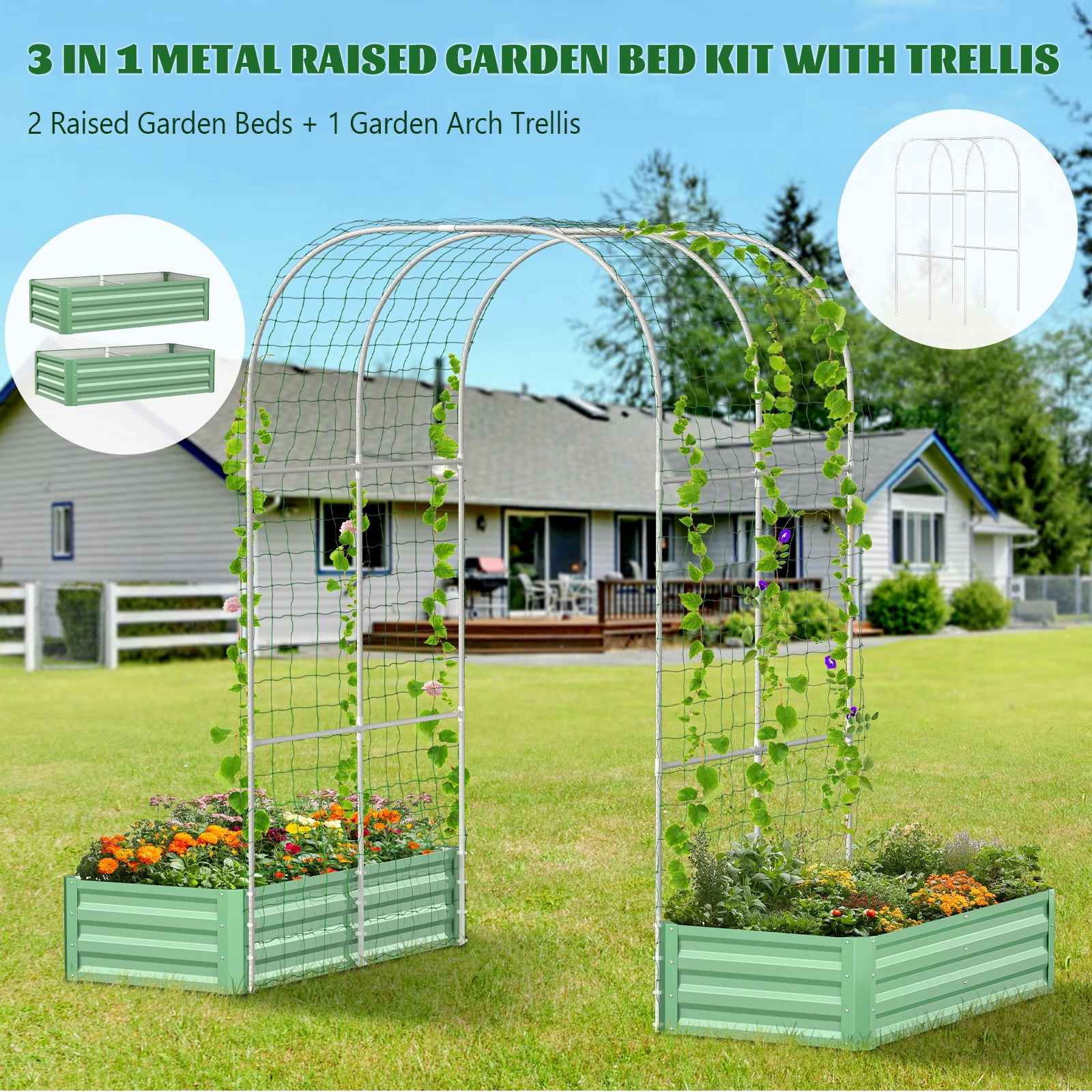 Slsy 3 in 1 Galvanized Raised Garden Bed with 85in Tall Arch Trellis for Climbing Vegetables Flowers Herbs, Metal Raised Garden Bed Kit with Trellis, Plant Ties, Climbing Supporting Netting