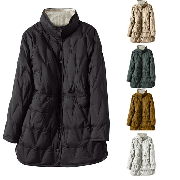 Jinhomg Lightweight Long Puffer Jacket for Women Fall Comfort Button Down Mock Neck Coat Thermal Long Sleeve Outerwear Daily Wear Winter Saving Coffee M