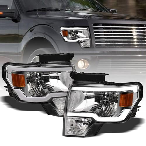 For 2009-2014 Ford F150 Chrome Crystal Headlights Signal Amber w/LED Tube Bar