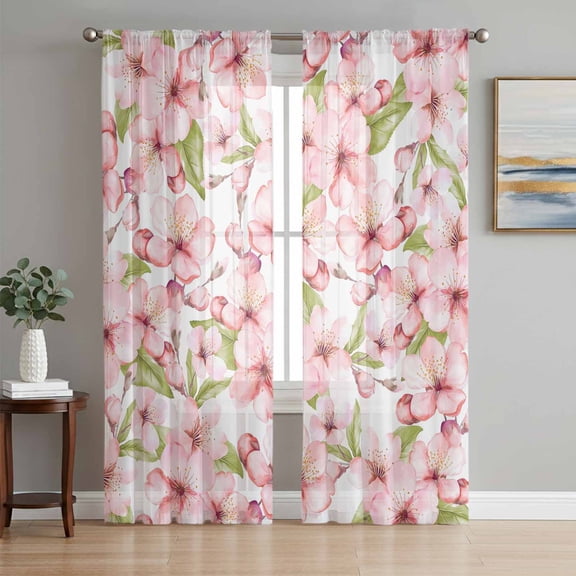 Pink Flowers Sheer Curtains 84 Inch Length 2 Panels Set, Watercolor Spring Botanical Floral Leaves Voile Window Treatment Rod Pocket Curtains Sheers Drapes for Bedroom/Living Room/Kitchen 52"x84"x2