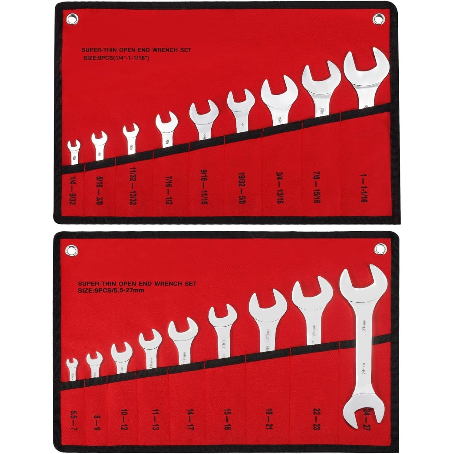 Super-Thin Open End Wrench Set, 18-Piece SAE & Metric 1/4" to 1-1/16" and 5.5mm to 27mm Chrome Vanadium Steel Wrench Set with Rolling Pouch