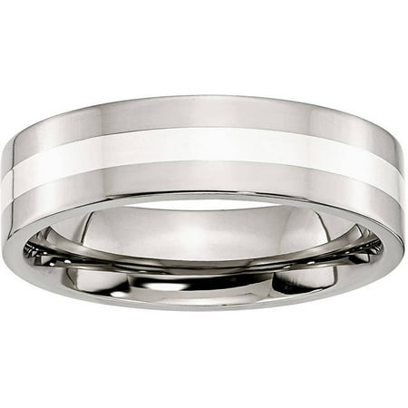 Primal Steel Stainless Steel Sterling Silver Inlay Flat 6mm Polished Band, Available in Multiple Sizes
