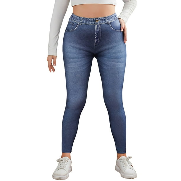 Sexy Dance Women Printed Denim Leggings High Waist Fake Jeans Plus Size  Look Print Jeggings Skinny Pencil Pants Oversized Bottoms Blue D 5XL 