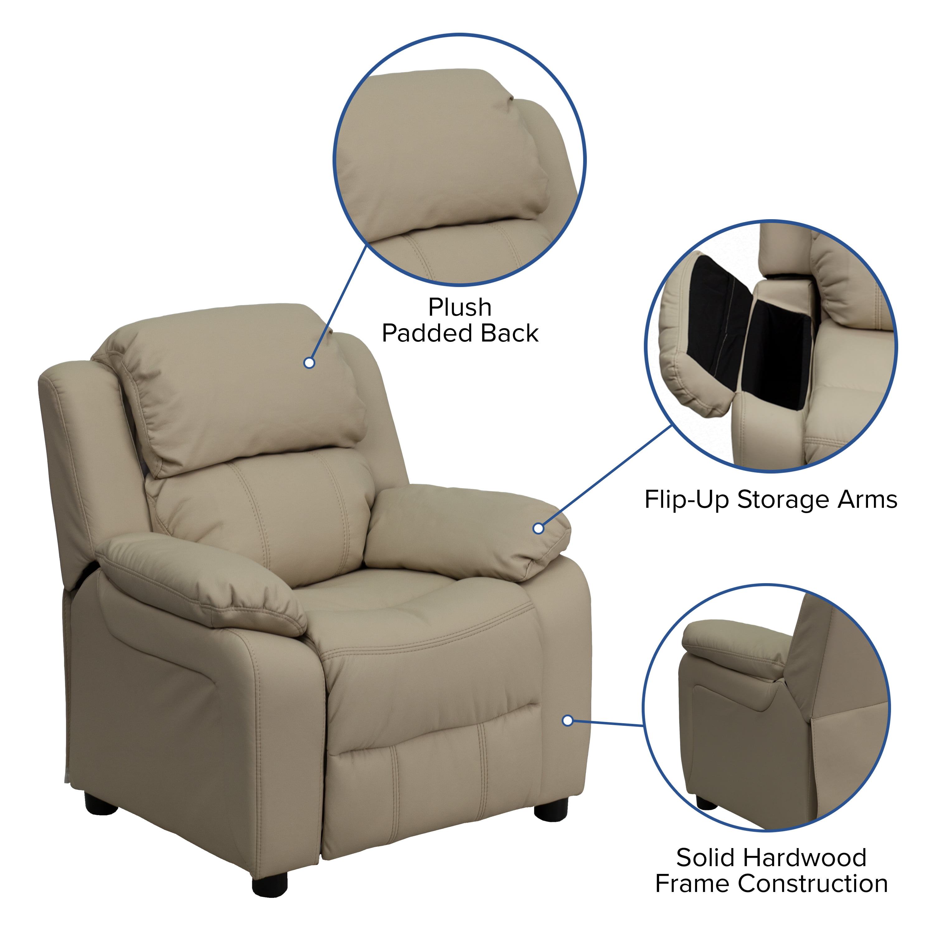 Flash Furniture Deluxe Padded Contemporary Beige Vinyl Kids Recliner with Storage Arms - image 5 of 13