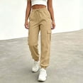 thumbnail image 2 of ZHYou No Boundarie Women's Cargo Pants with Flat Pockets Casual Cuffed Leg Drawstring Elastic Waist Jogger Pants with Pockets,Khaki,Size 2XL, 2 of 6