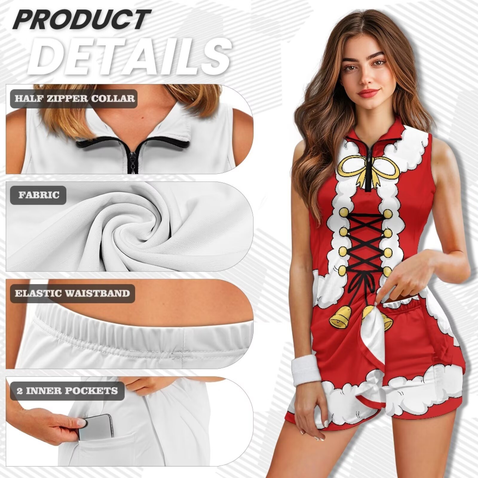 Yuyamidu Red Christmas Golf Dress for Women, Breathable Tennis Tank Dresses with Built in Shorts Breathable Sleeveless Workout Athletic Dresses Size 2XL