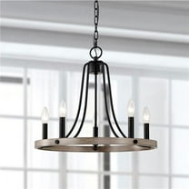 Ultan 20 in. 5-Light Indoor Matte Black and Faux Wood Grain Finish Chandelier with Light Kit