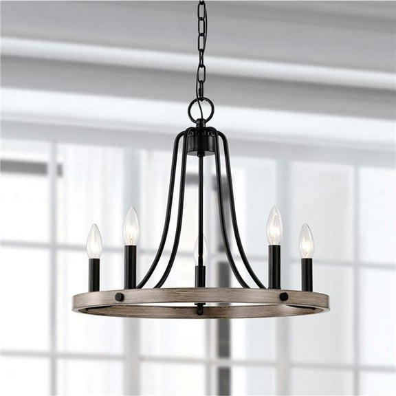 Ultan 20 in. 5-Light Indoor Matte Black and Faux Wood Grain Finish Chandelier with Light Kit