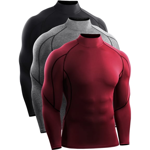 Cadmus Men's 3 Pack Athletic Compression Shirt Workout Long Sleeve Shirt Running Shirts , Black   Grey  Red