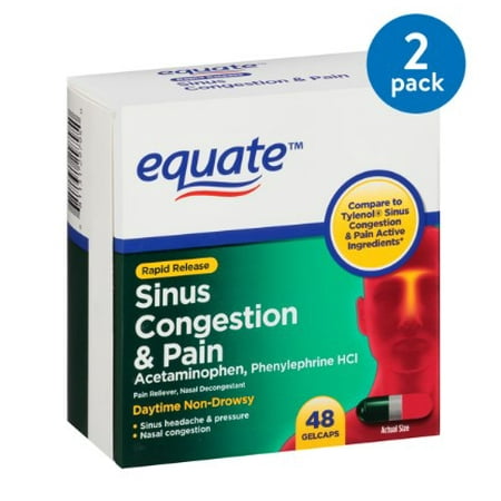 (2 Pack) Equate Sinus Congestion & Pain Acetaminophen Rapid Release Gelcaps, 325 mg, 48 Ct