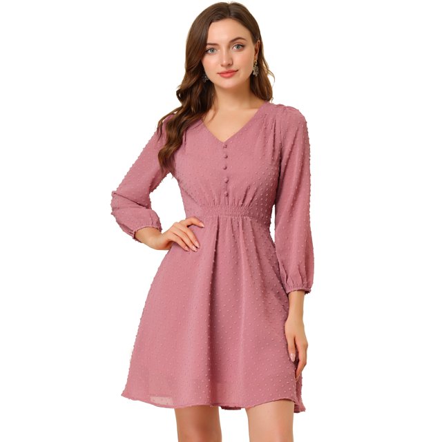 INSPIRE CHIC Women's Solid Cute V Neck Half Sleeve Flowy A-Line Chiffon Dress