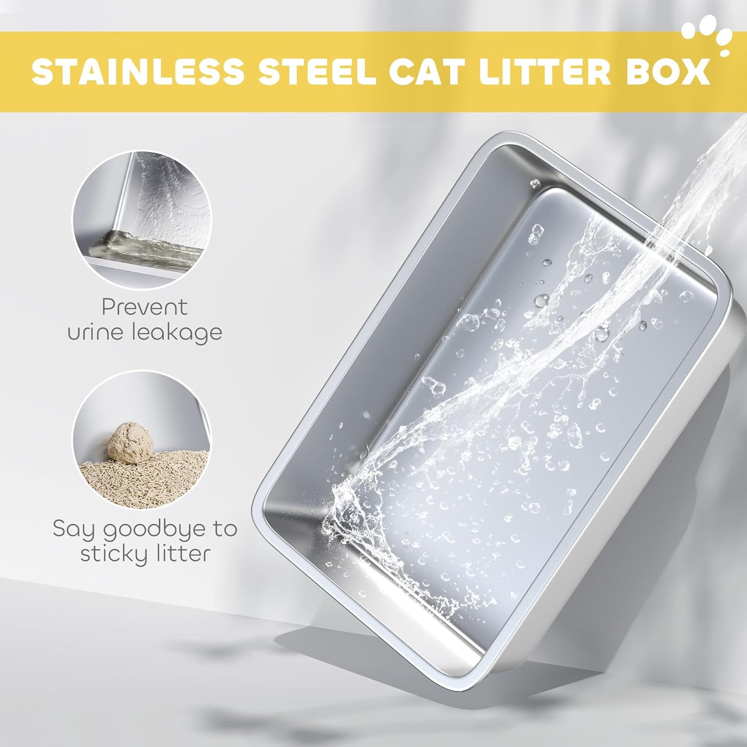 Stainless Steel Cat Litter Box, Extra Large 2 in 1 Metal Kitty Litter Pan with High Enclosure, Removable Lid & Scoop, Filter Bags, Easy to Clean, for Small to Large Kittens, White