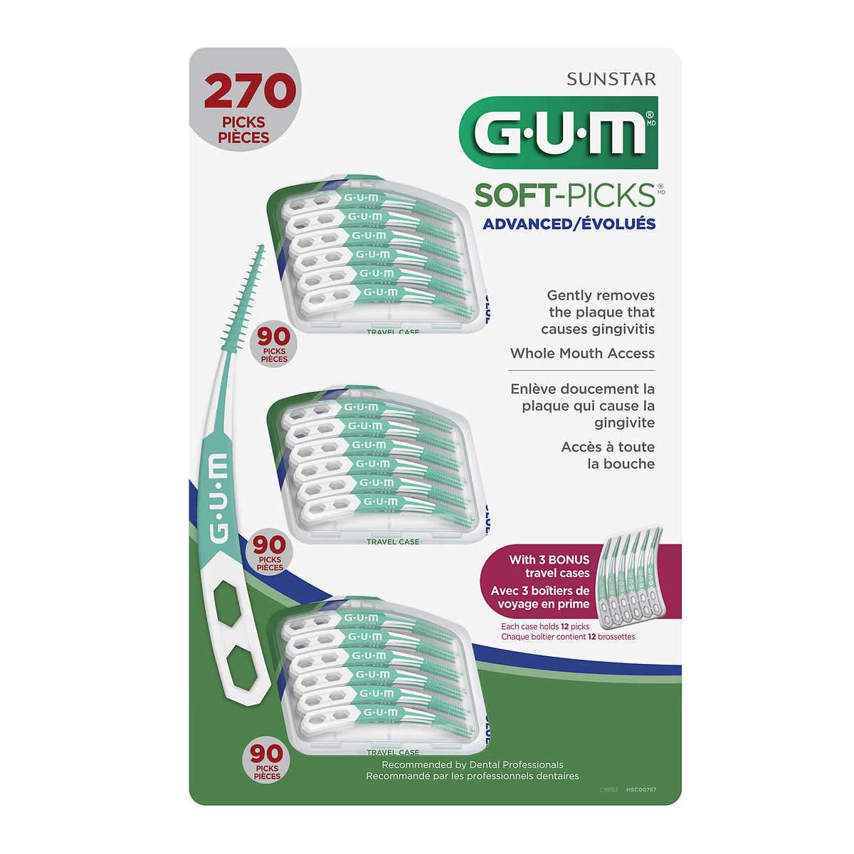 GUM 270ct SoftPicks Advanced Dental Picks Curved Design 3 Travel Cases
