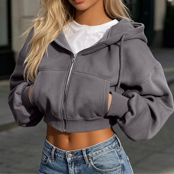 Gamivast Cropped Zip up Hoodie for Women Oversized Soft Long Sleeve Full Zip Sweatshirt with Drawstring Hood and Front Pockets Casual Streetwear Lounge Top for Fall and Travel Dark Gray S