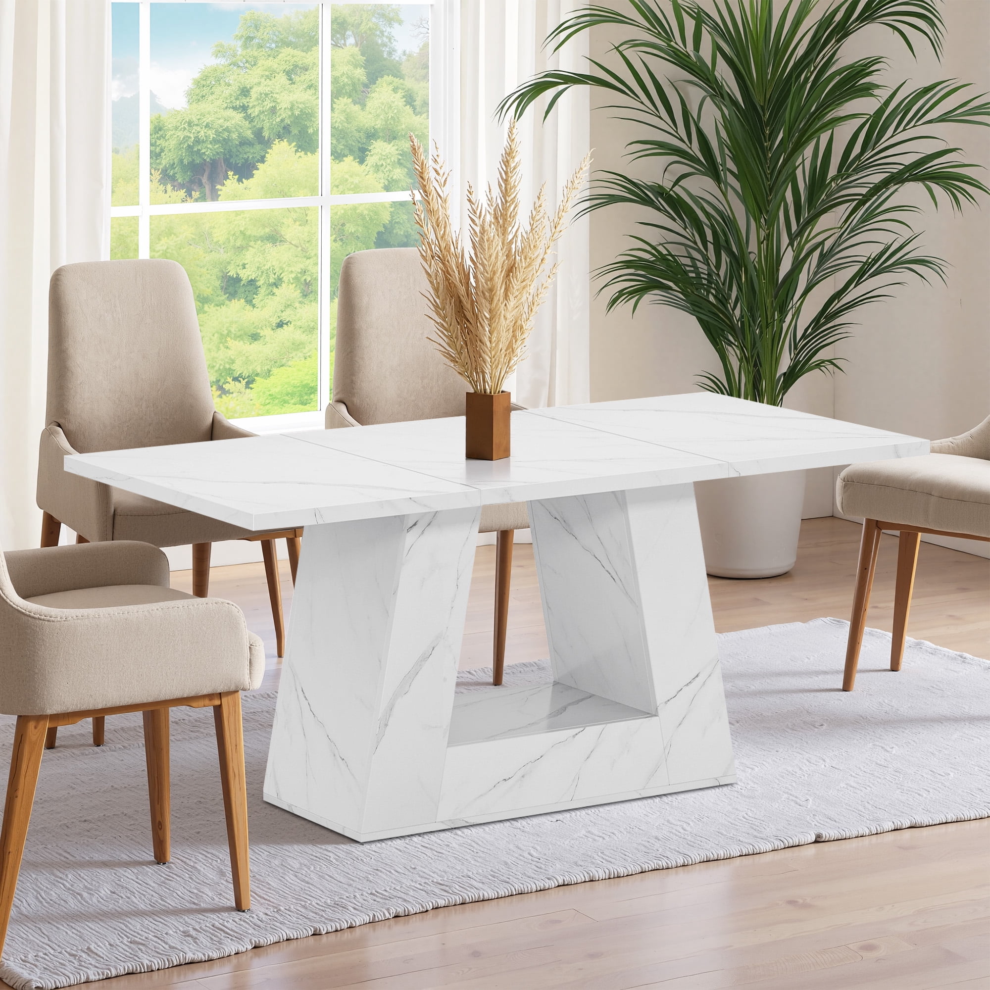 MAYEERTY 63" Faux Marble Dining Table for 4-6 People, Modern Kitchen Table with Trapezoidal Legs, Multi-Purpose Desk & Easy Assembly for Home