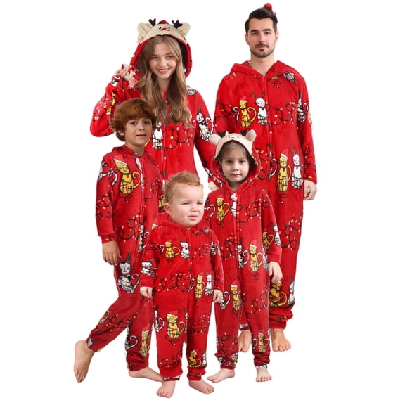 Onlypjs Family Matching Christmas Pajamas – Red Hooded One-Piece Holiday Sleepwear with Festive Cartoon Prints for Women, Men, Couples