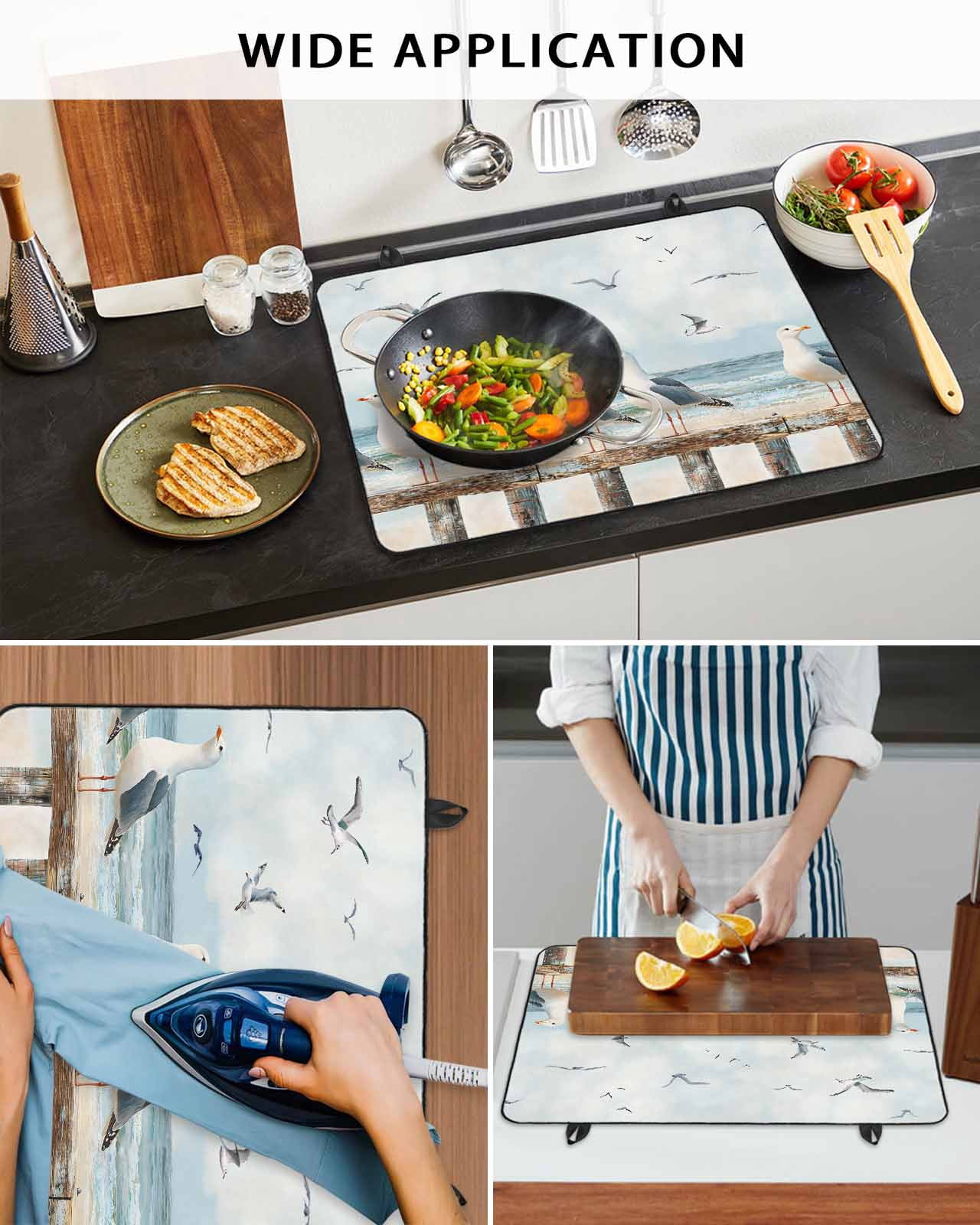 nqOlkjepod Large Induction Cooktop Protector Mat 36"x21", Coastal Seagull Stove Top Covers for Electric Stove, Summer Beach Ocean Birds Retro Stove Burner Cover Mats, Glass Top Stove Cover