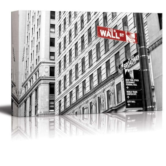 wall26 - Black and White Photograph with Pop of Color on The Wall Street Sign - Canvas Art Home Art - 32x48 inches
