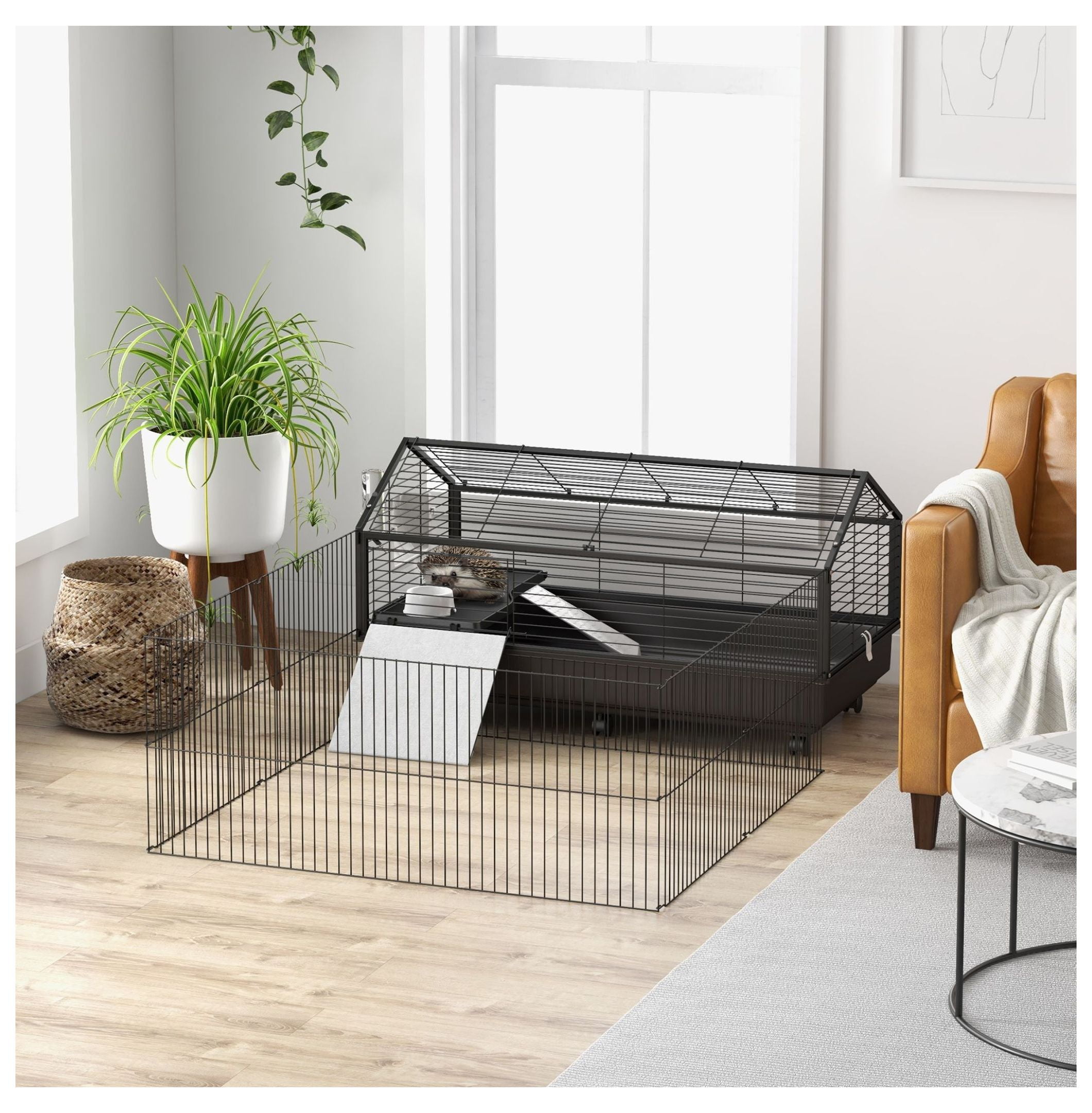 Rolling Small Animal Cage with Foldable Run Bunny Cage Black includes Water Bottle Bowl Ramps