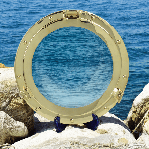 Nagina International Deluxe Nautical Brass Polished Porthole Window | Pirate's Boat Decorative Flange Port Hole| Captain's Maritime Beach Home Decor & Gifts (24 Inches)