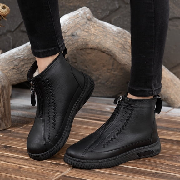 Domuza Women's Waterproof Non-Slip Cotton Leather Boots with Front Zipper, Ankle Booties Winter Outdoor Warm Fleece Lined Ankle Boots, Thermal Walking Snow Shoes Black 7(EU-38)