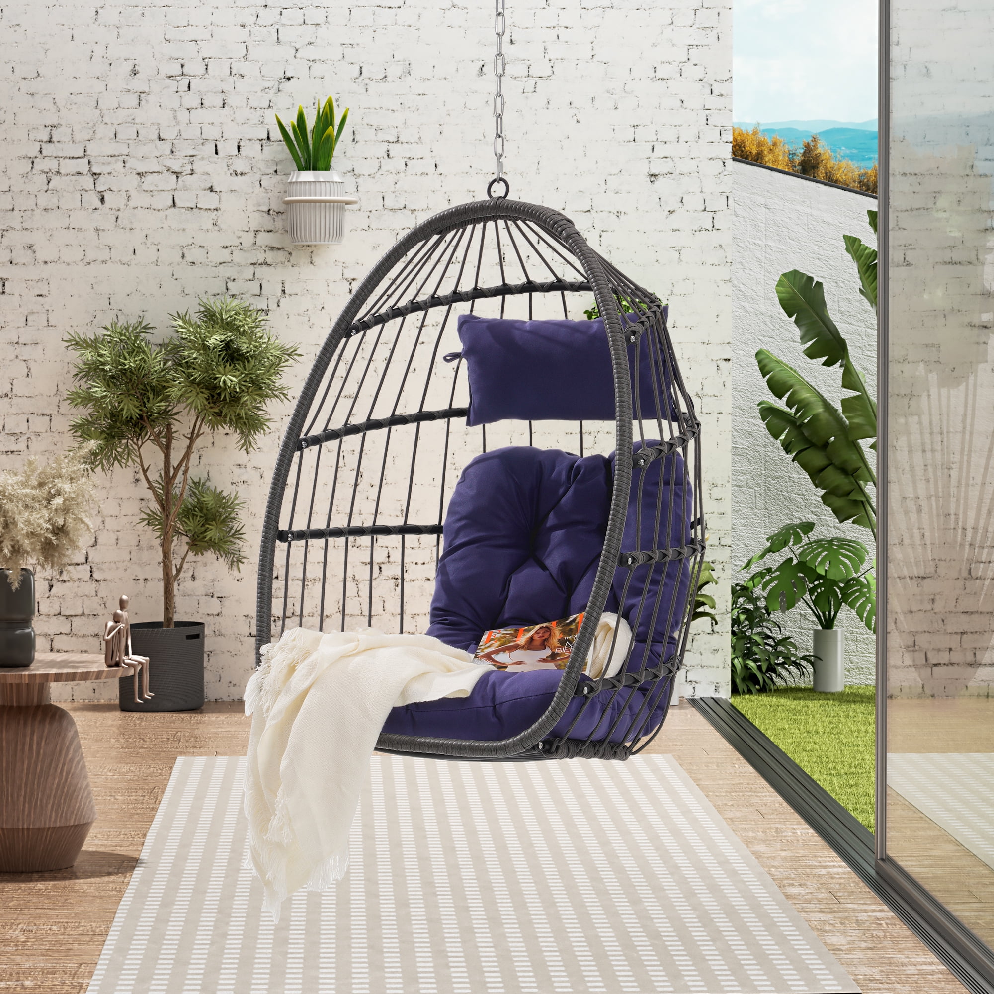 Deep Blue Cushion PE Rattan Egg Hanging Swing Chair, Galvanized Steel Frame UV Resistant Wicker Hanging Chair, Supports 360 LBS for Garden Patio Indoor Outdoor