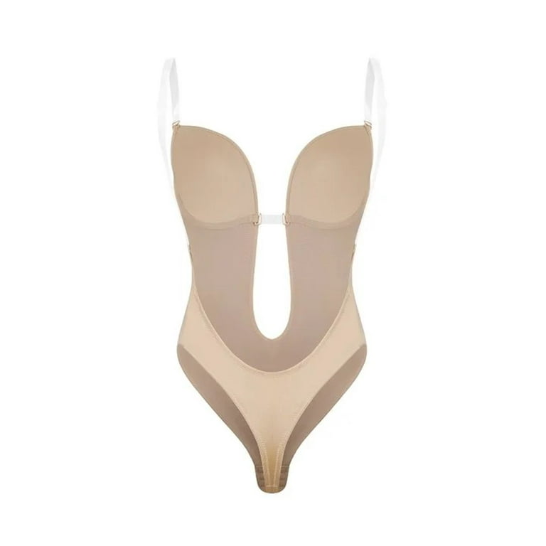 Women's Backless U Plunge Deep V-Neck Thong Bodysuit Built-in Invisible Bra  Shapewear Nude XL 