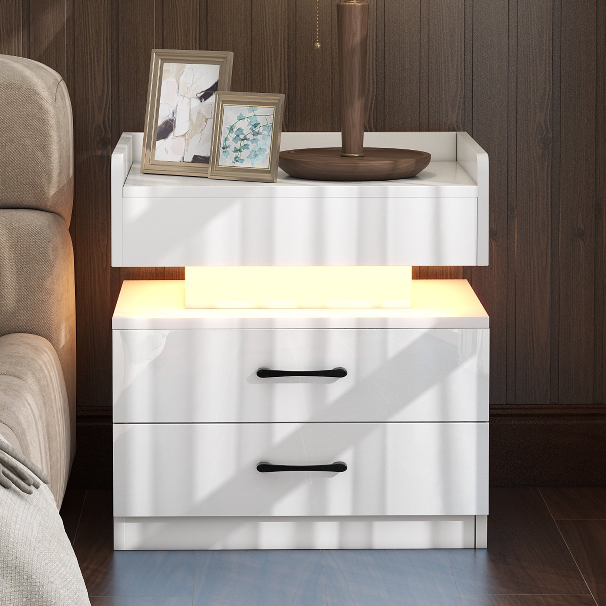 Resenkos Wireless Charging Nightstand with 2 Drawers and Remote Control LED Light, White