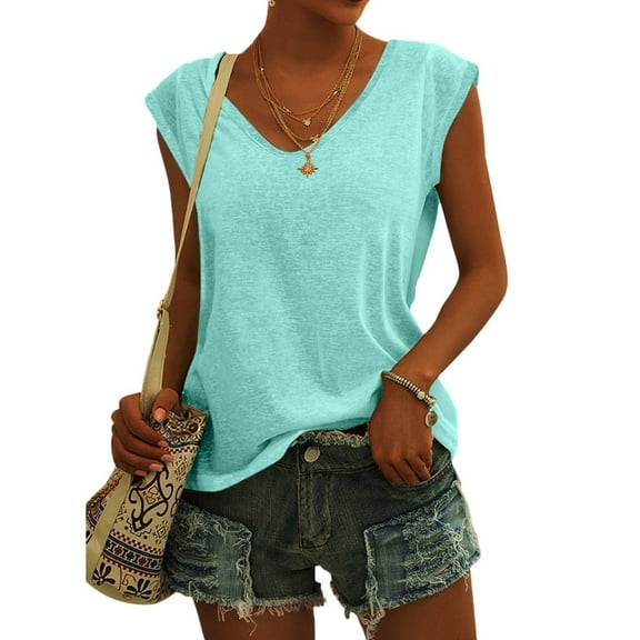 Summer Sleeveless Women Solid Color V-Neck Casual Shirt Tops