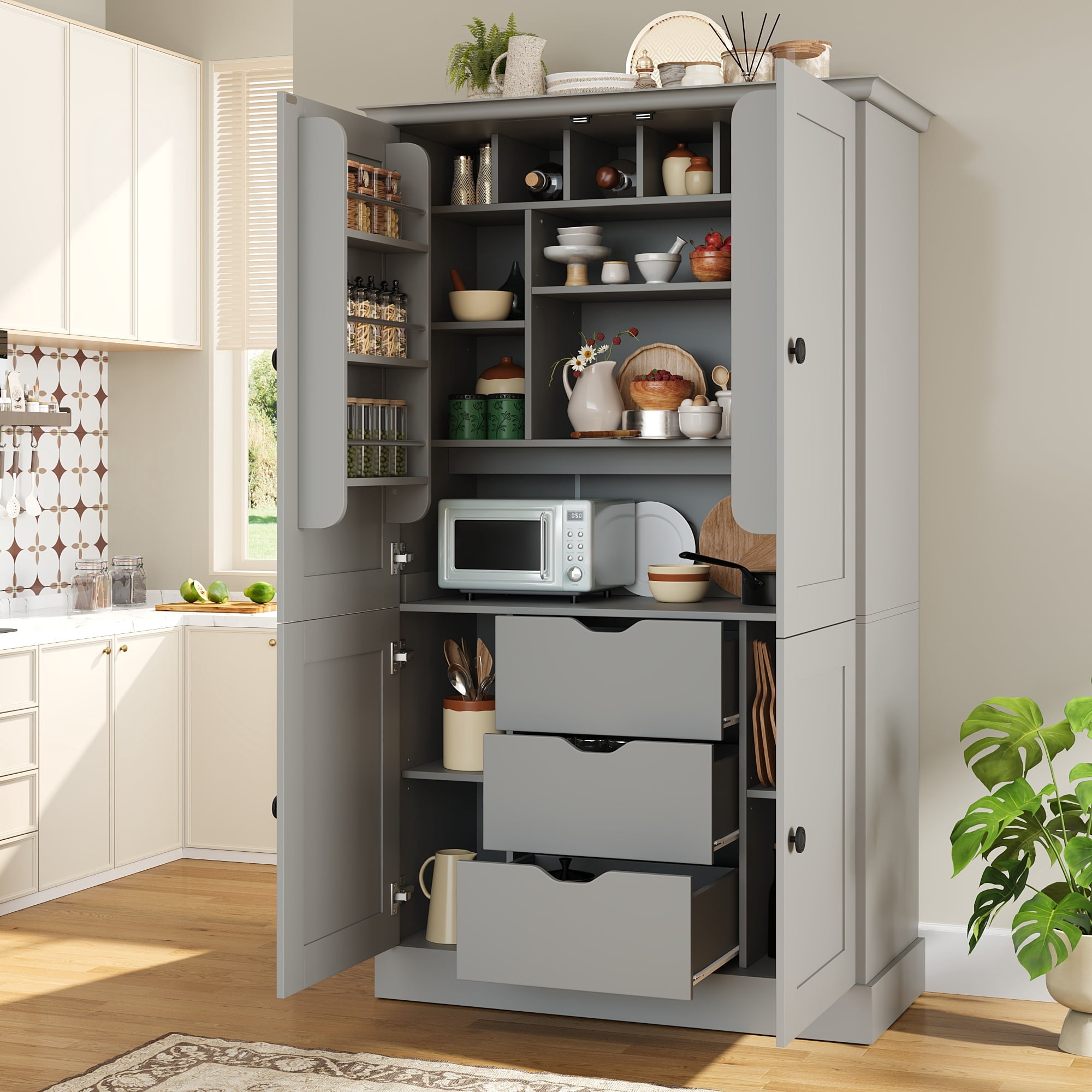 Euroco 70.9" Kitchen Pantry Cabinet with 3 Drawers, Farmhouse Tall Storage Cabinet with 6 Door Shelves, Removable Shelves and 6 Wine Racks,Freestanding Cupboard for Dining Room,Grey