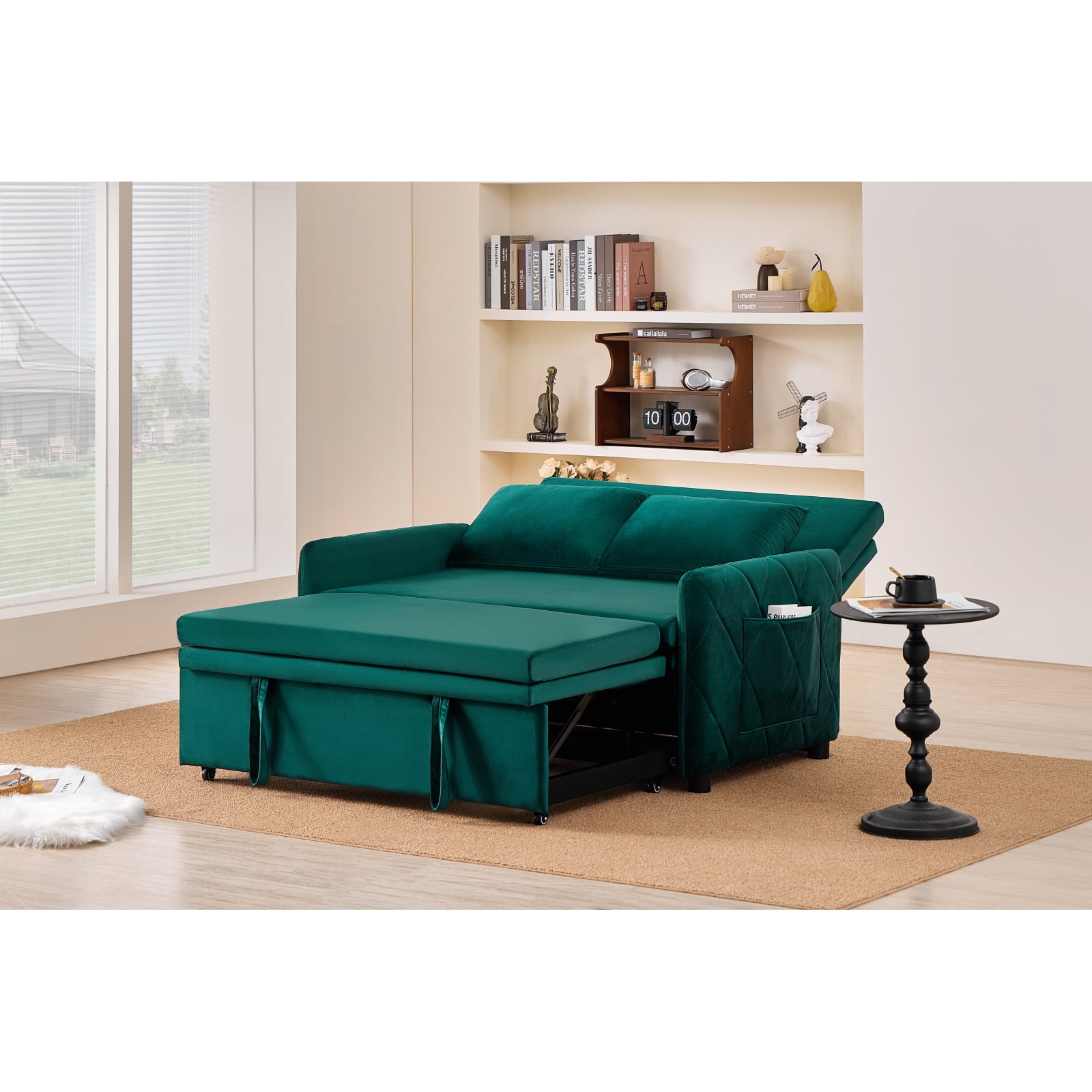 Leumius 3 in 1 Convertible Sleeper Sofa Bed, Modern Convertible Sofa Bed with 5-Position Adjustable Backrest,Velvet Pull Out Couch with Pull Out Bed for Living Room Furniture,Green