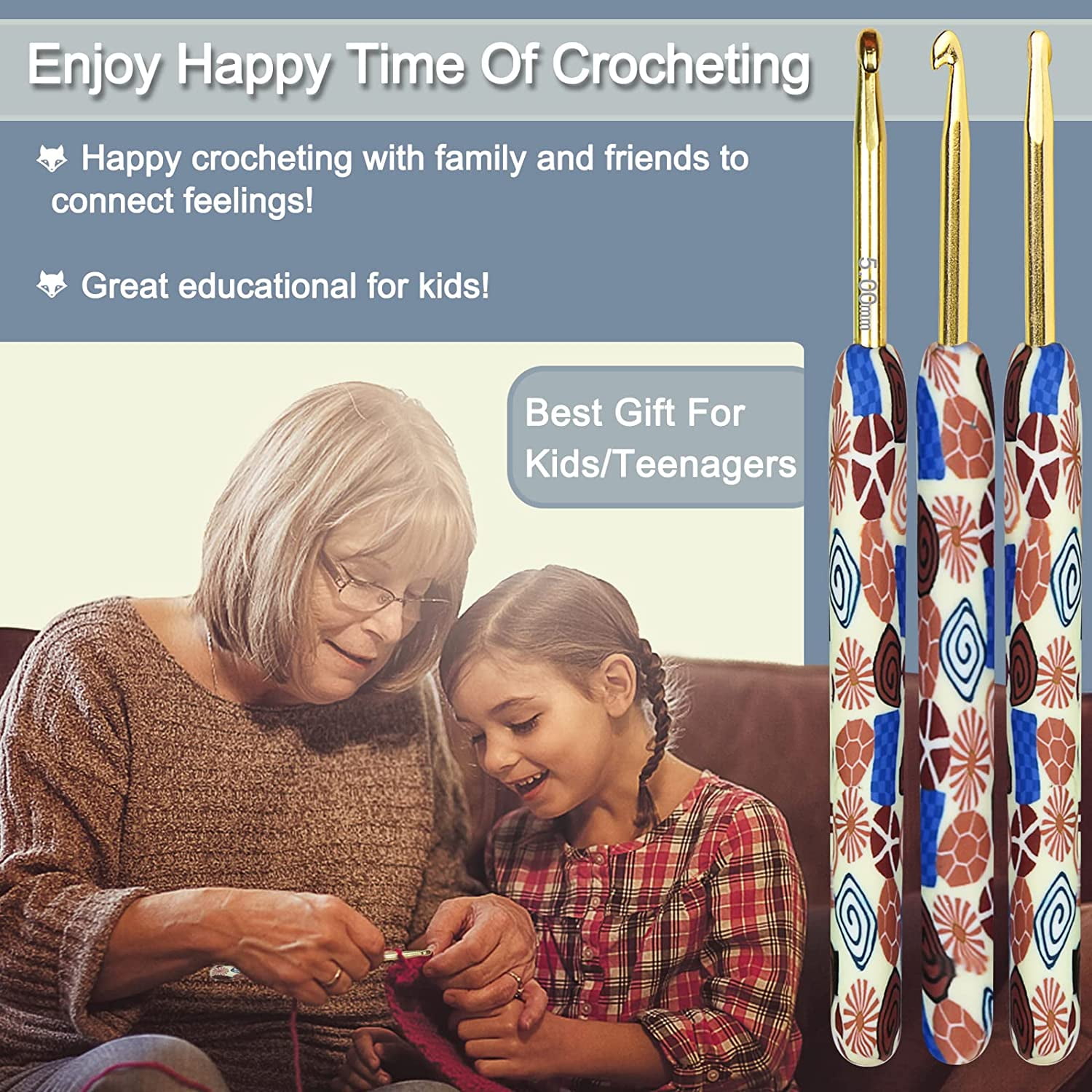 SONGAUN Coopay Complete Crochet Hooks Set for Beginners, 2.25mm-8mm Crochet Hook, Ergonomic Crochet Hooks for Arthritic Hands, Cute Animal Print Comfort Grip, Crochet Needles