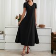 thumbnail image 4 of LOVZFMLL Robes Maxi pour Femmes Été Décontracté Manches Courtes Pétale Col en V Ligne A Longues Robes Évasées Fluides Robes T-Shirt avec Poches Noir TG, 4 of 8