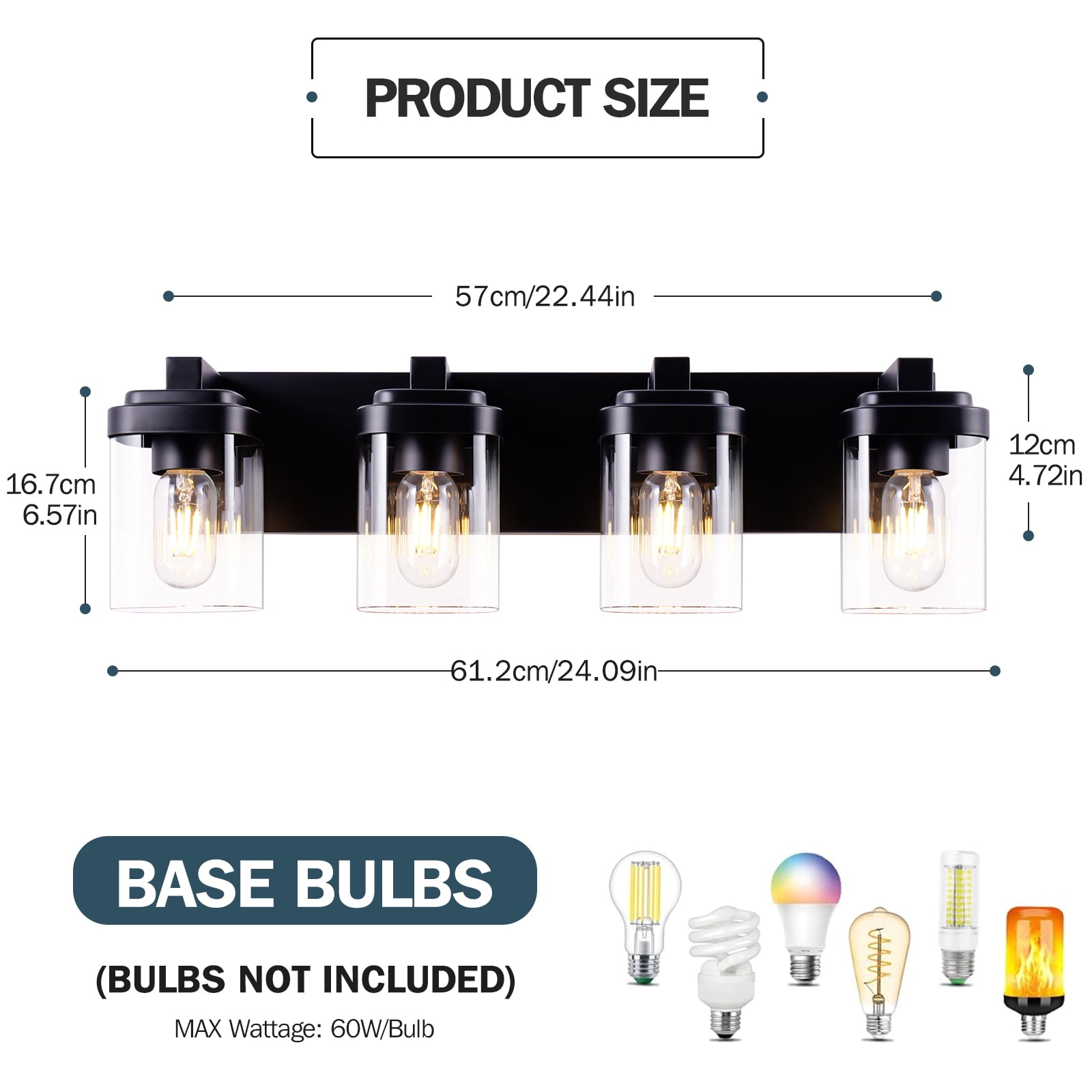 4-Light Black Bathroom Vanity Light, Modern Vanity Lighting Fixture for Bathroom, 24.09" Matte Light Fixture, Wall Sconces with Clear Glass Shade, Black Bathroom Wall Light Over Mirror