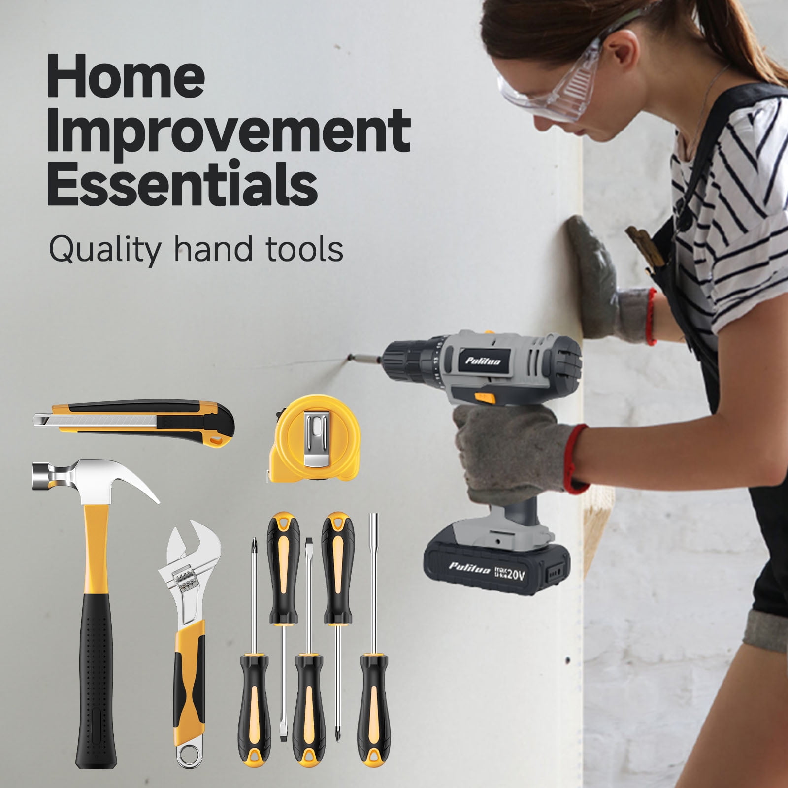 Pulituo 20V Cordless Drill Driver Kit, Home Tool Set with 20V Lithium-Ion Drill, 119PCS All-Purpose Kit, 21+1 Torque, 2-Speed, DIY & Home Repairs Yellow