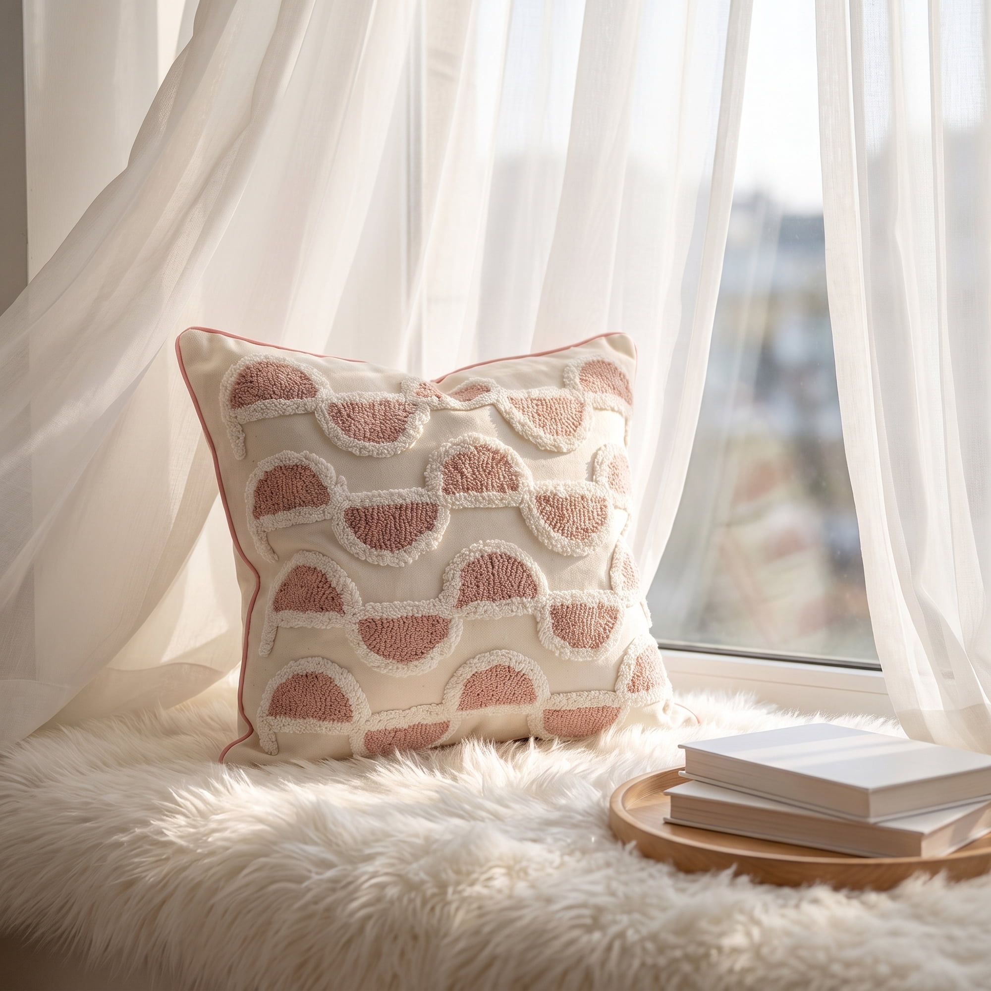 Unique Bargains Tufted Throw Pillow Cover Cushion Case for Home Pink Semicircle 18"x18"