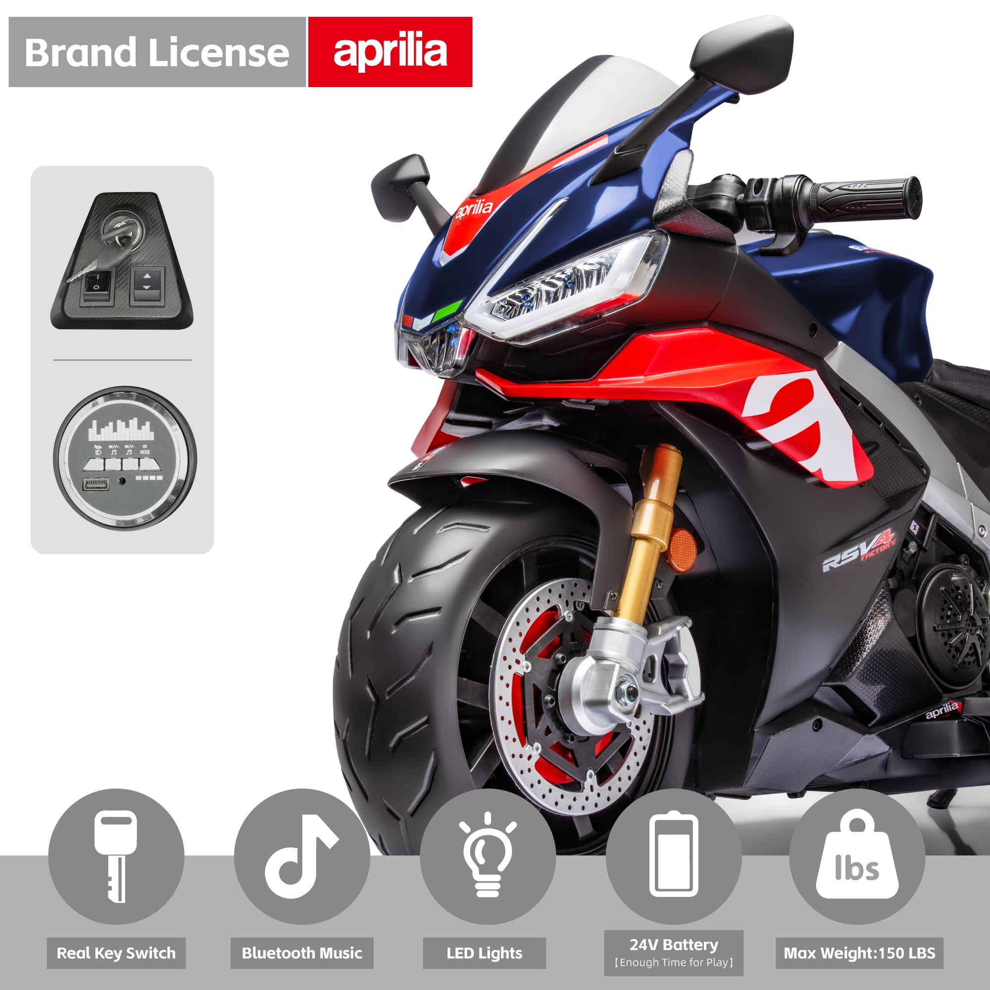 TCARAIWEN 24V Kids Motorcycle Electric Motorbike Aprilia Licensed Ride on Toy w/LED Lights Bluetooth Music Battery Powered 5MPH for Kids 3-11 Years Old,Blue