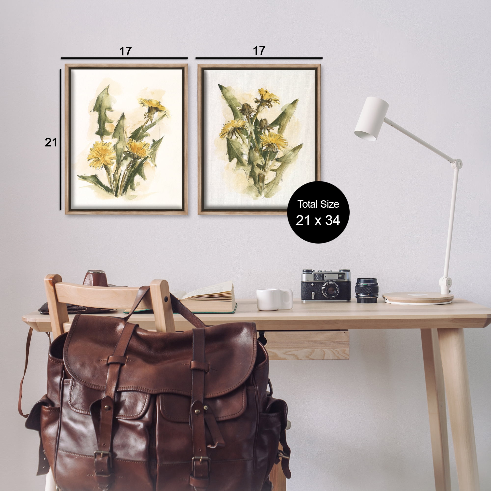 Stupell Industries Dandelion Watercolor Sketch Plants & Flowers Painting Brown Floater Framed Canvas Art Print Wall Art, 17 x 21, Set of 2