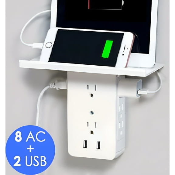 Dual USB Outlet Tower Charger w/Built-In Shelf and Surge Protector