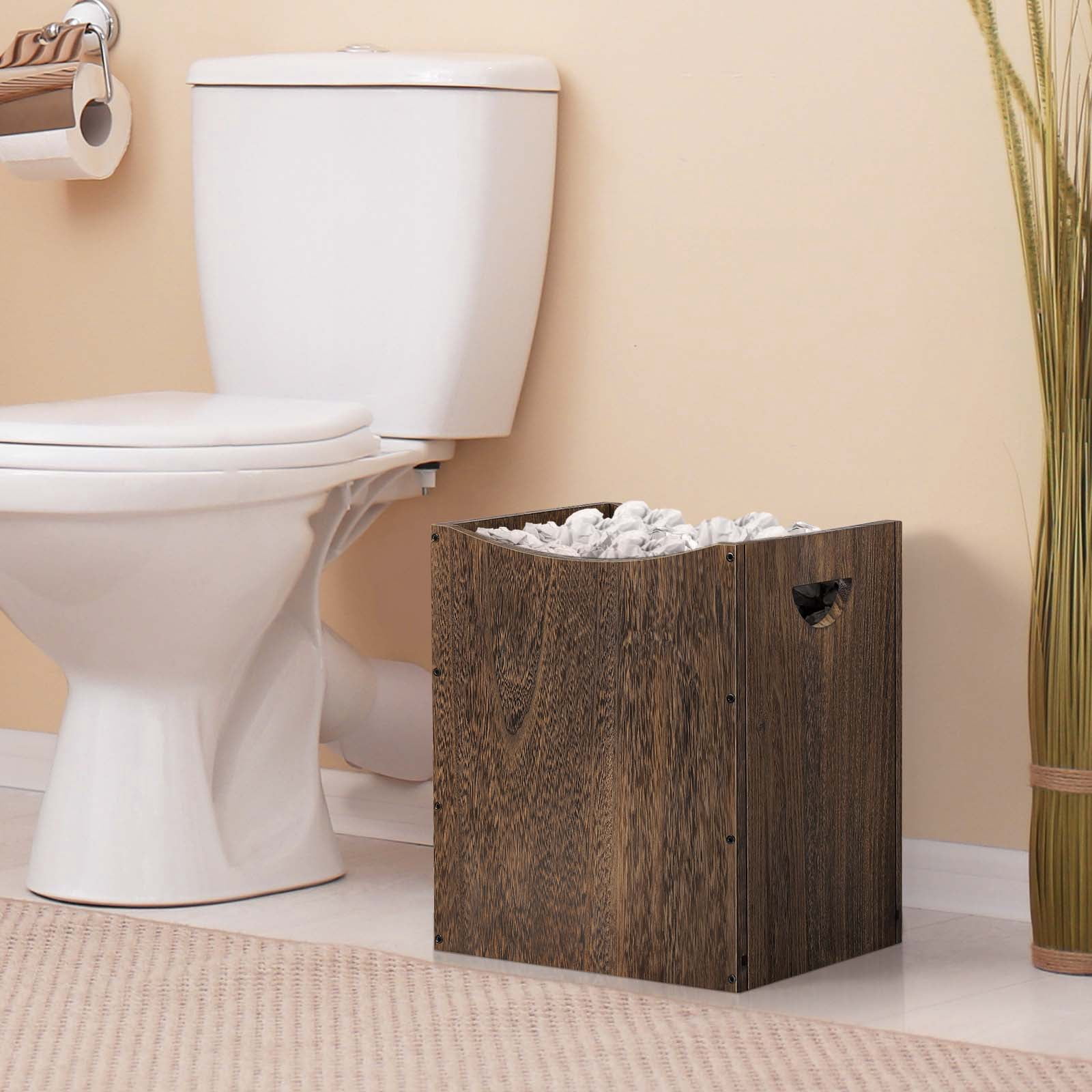 5.3 Gallon Rustic Wood Trash Can Wastebasket with Handles, Brown, Set of 2