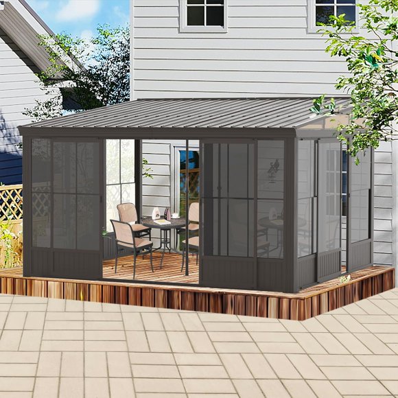 Domi 12x14FT Wall-Mounted Sunroom, All-Season Lean-To Gazebo with Galvanized Steel Sloping Roof, Moveable PVC Screens, Front & Side Doors for Deck/Patio