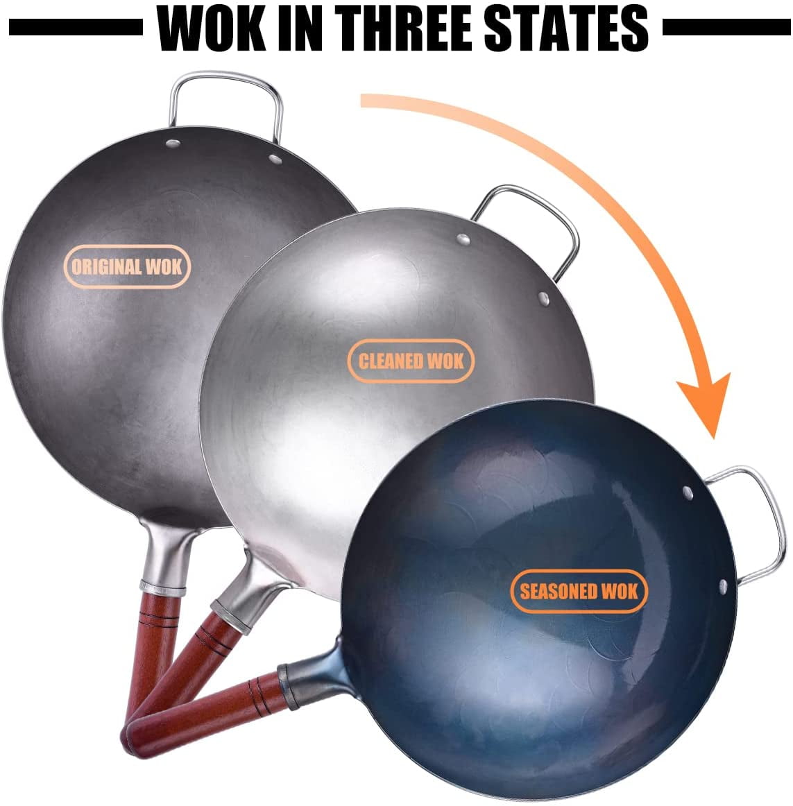 13.4 Inch Hand Hammered Carbon Steel Wok Set, Traditional Round Bottom Chinese Wok Pan with 8 Pieces Complete Cookware Accessories