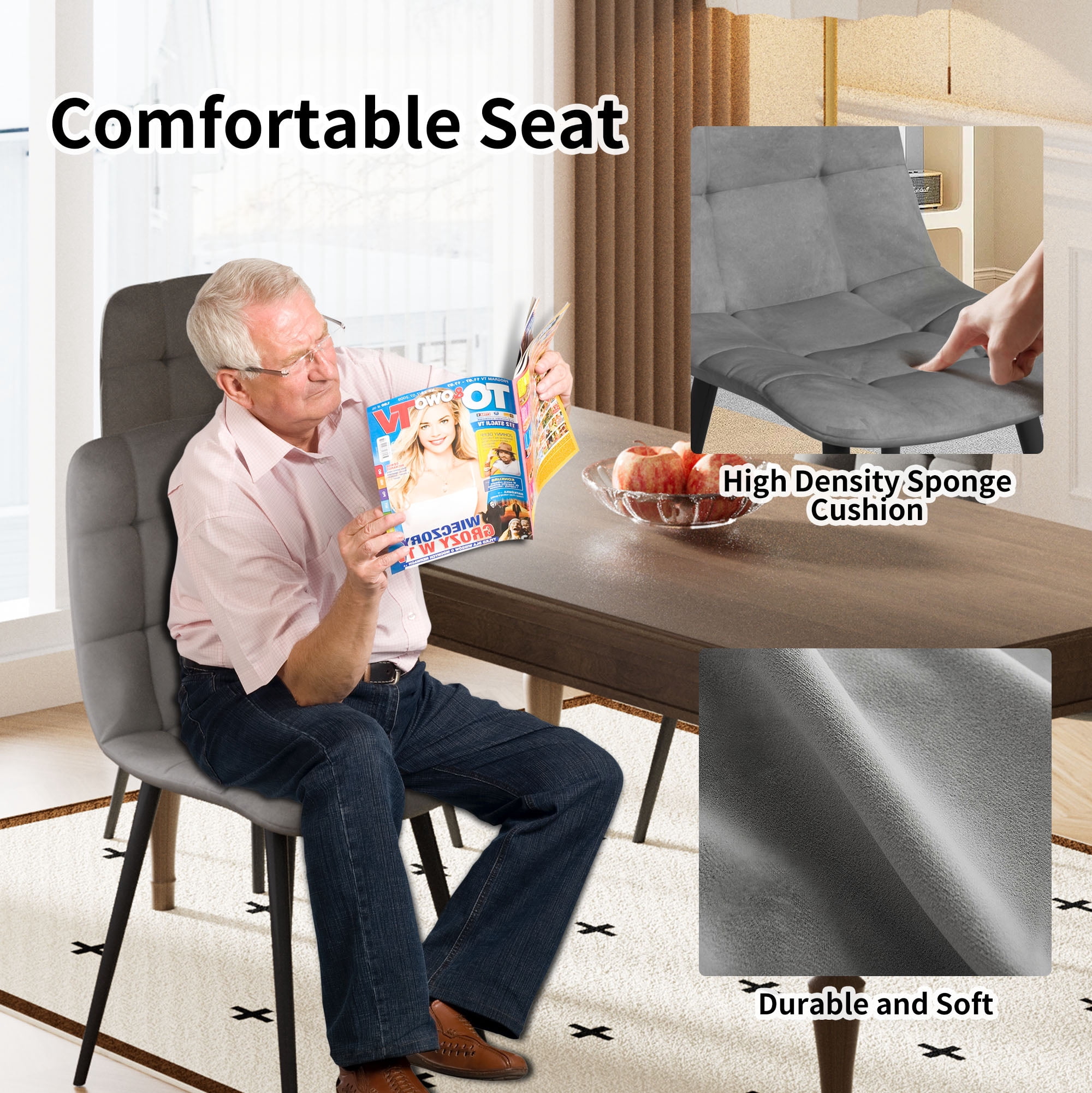 SHGJ&SOFT Velvet Dining Chairs Set of 4, Mid Century Modern Upholstered Fabric Chairs with Metal Legs Adjustable Pads for Kitchen Living Room Dining Room. (Gray, 4PC)
