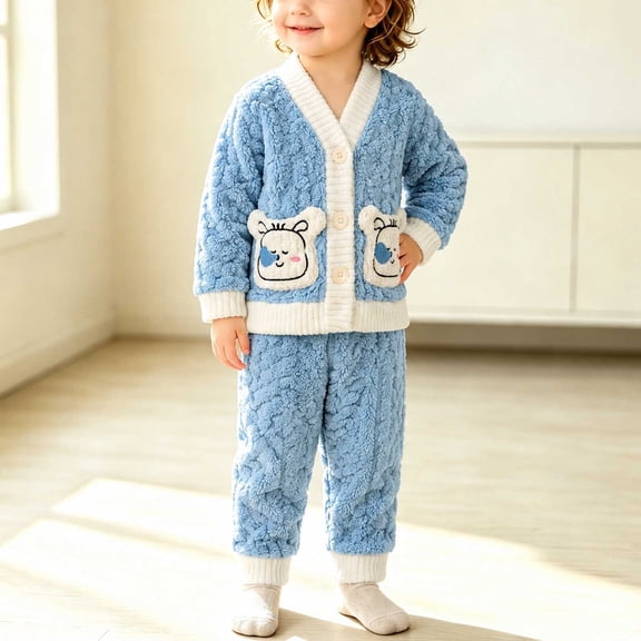 Amidoa Girls 2 Piece Outfits Fall Winter Clothes Fleece Long Sleeve Top and Casual Pants Kids Clothing Sets Sky Blue Size 80