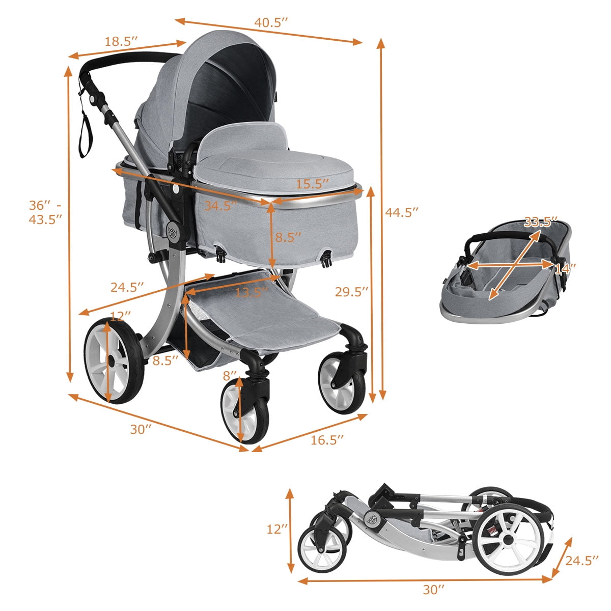 Infans Folding Aluminum Infant Reversible Baby Stroller W/ Diaper Bag Grey